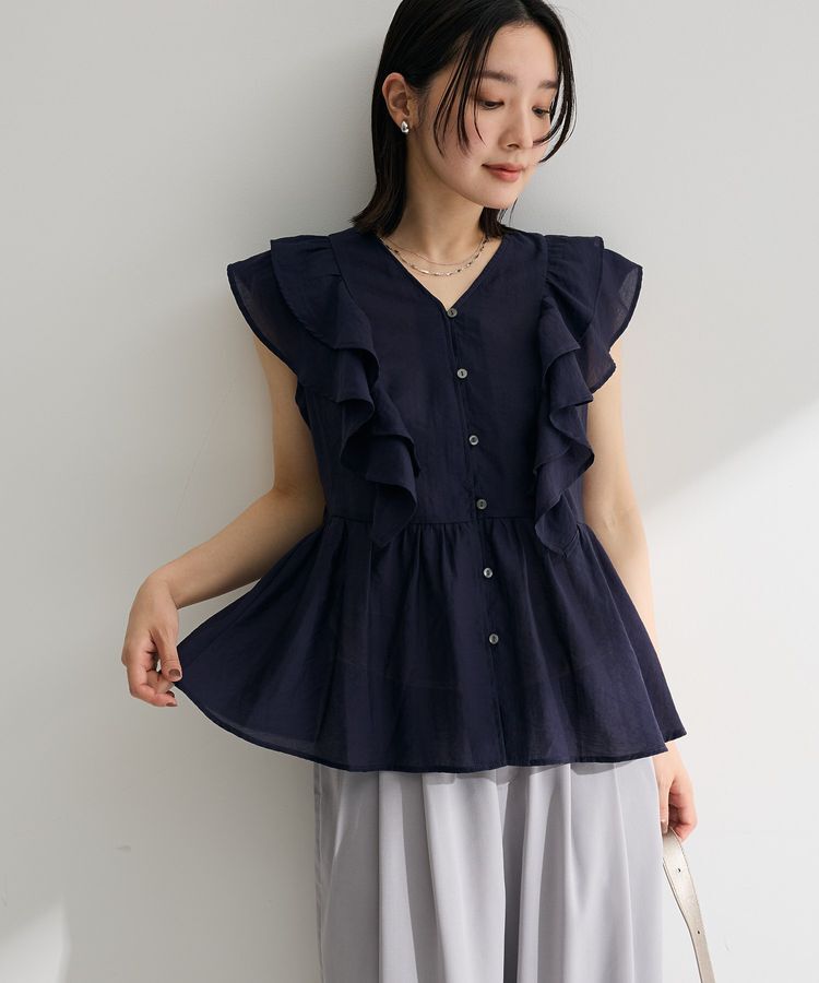 Green Parks「フリルノースリーブブラウス」|シャツ・ブラウス|Navy