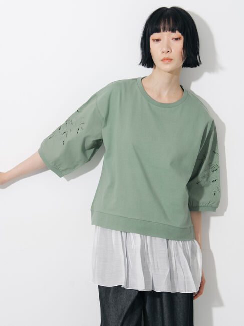 Samansa Mos2「袖カットワークプルオーバー」|Tシャツ・カットソー|グリーン