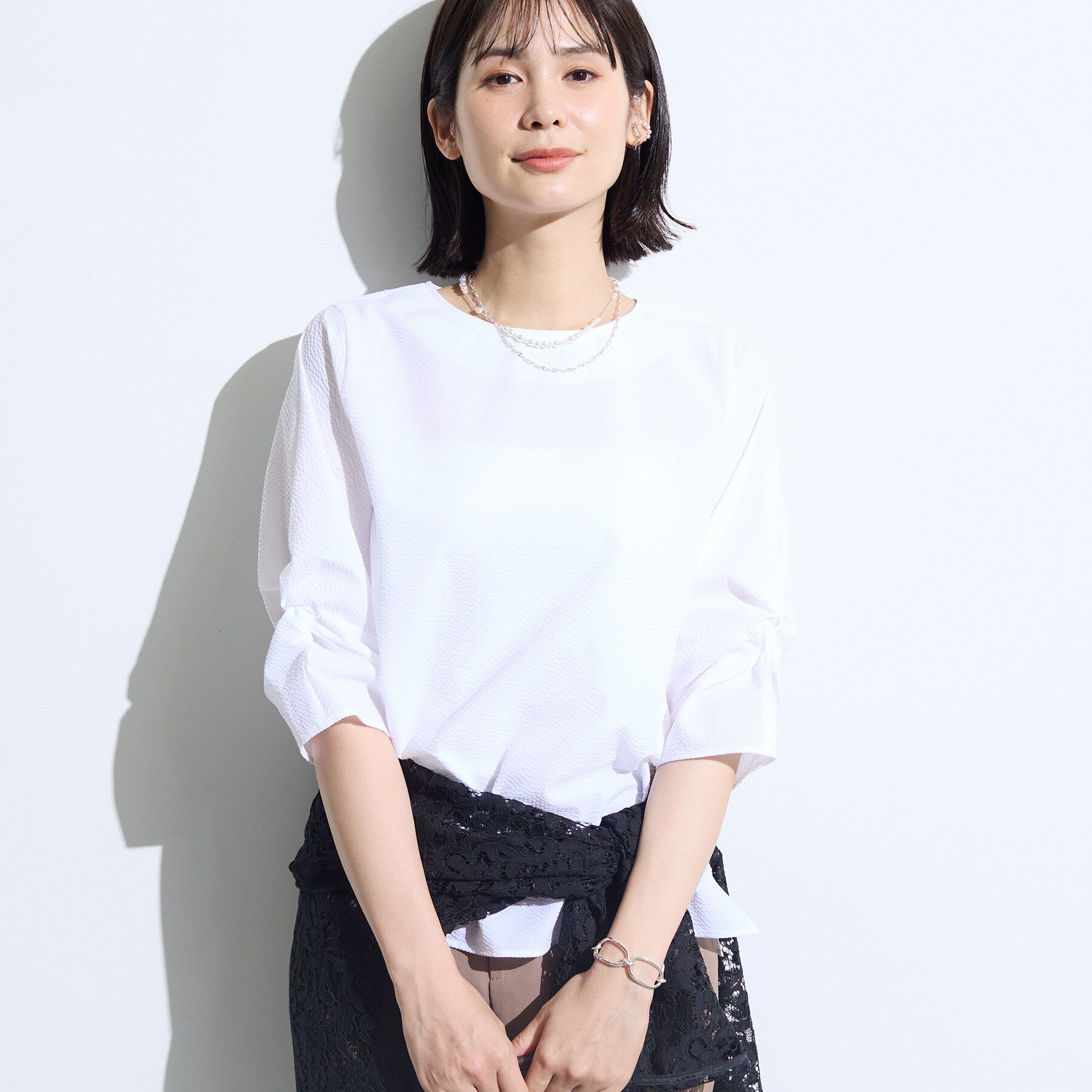 INDIVI「【洗える／UVケア】ねじり袖サッカートップス」|Tシャツ・カットソー|