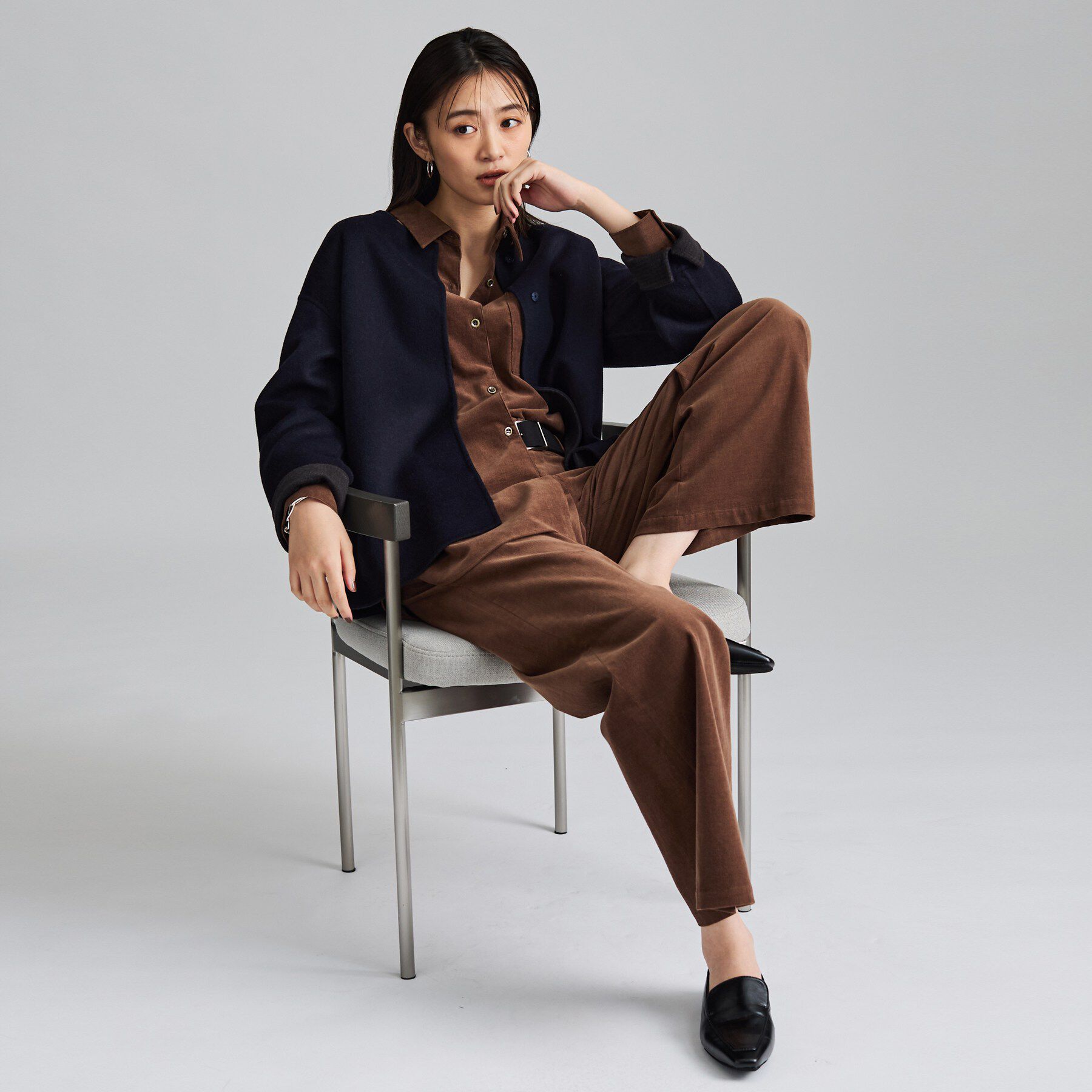 INDIVI「【ウール混／配色】ショート丈リバー丸首コート」|ノーカラーコート|