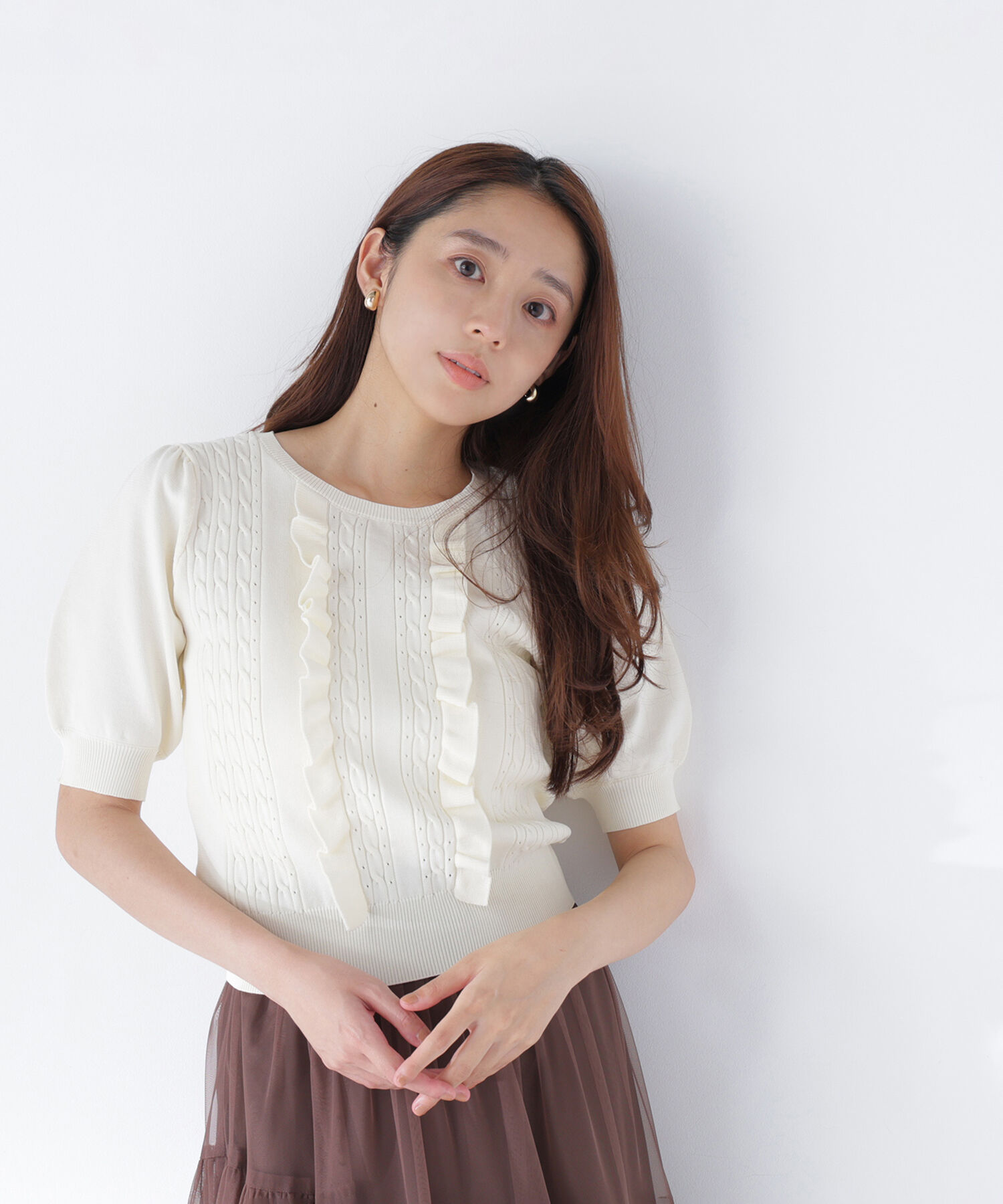  「ケーブルフリル半袖ニット」|ニット・セーター|