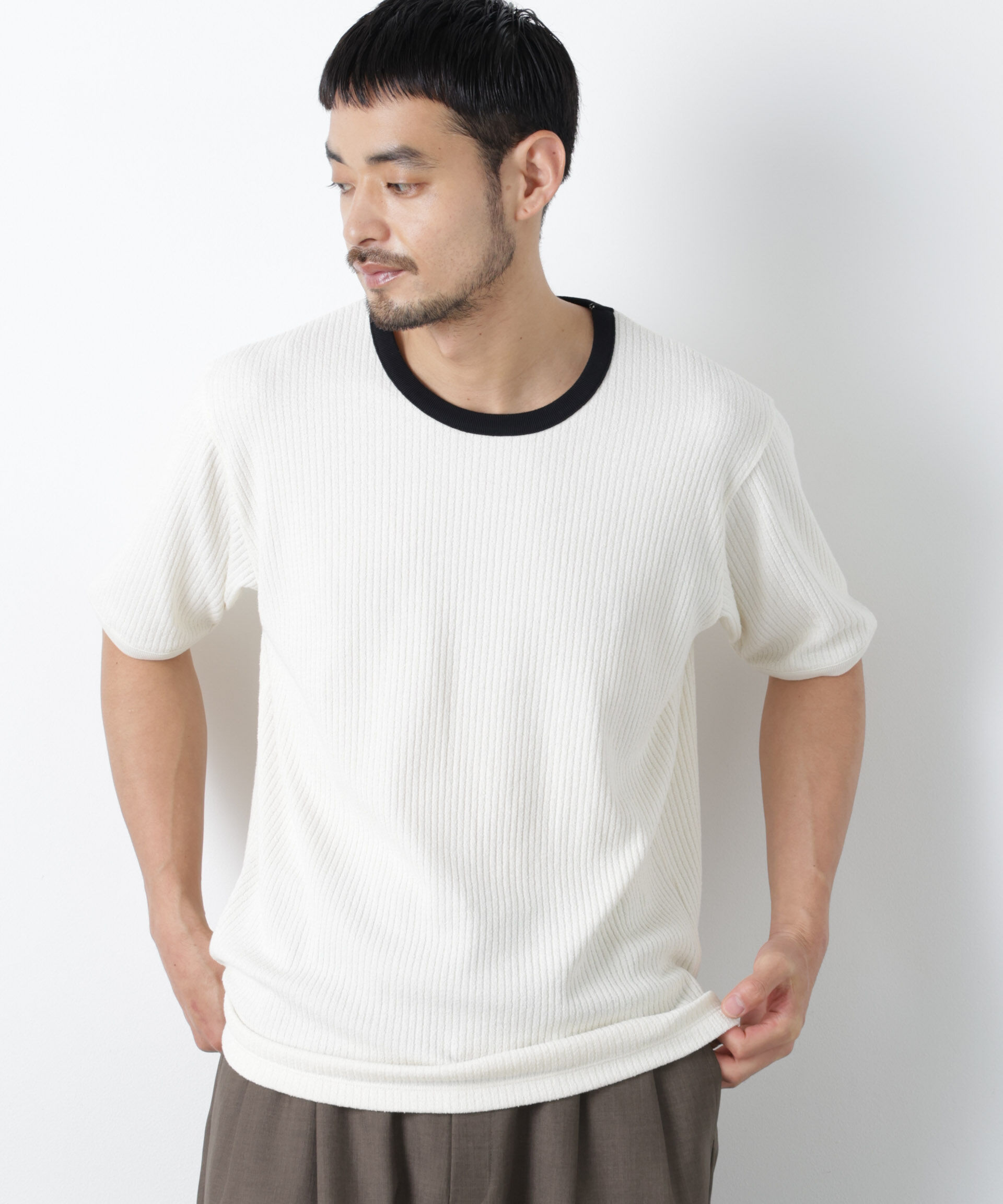 NANO universe「強撚ループヤーン針抜きリンガーTEE」|Tシャツ・カットソー|
