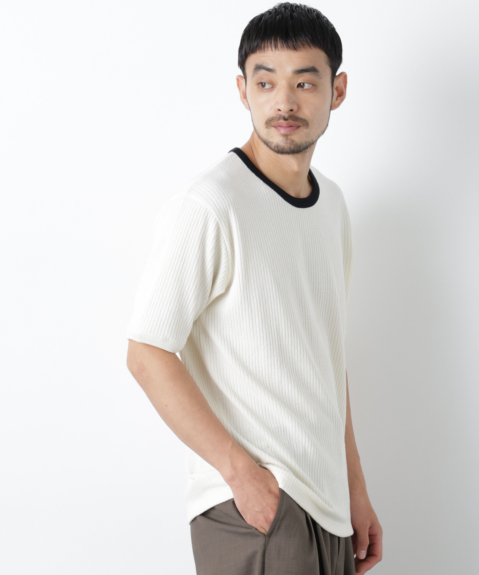 NANO universe「強撚ループヤーン針抜きリンガーTEE」|Tシャツ・カットソー|