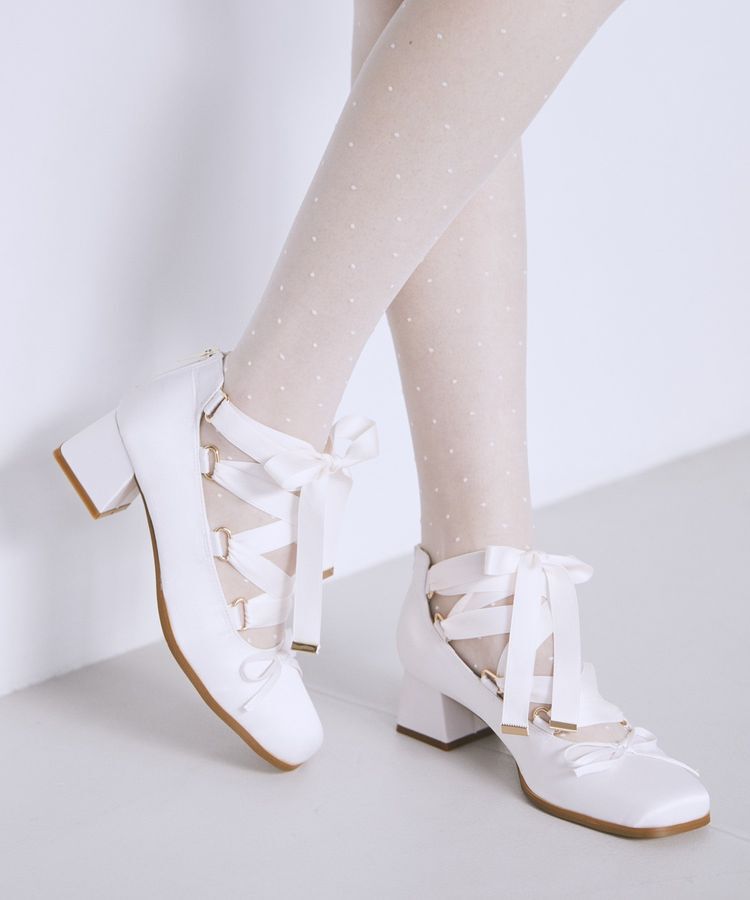 Maison de FLEUR「レースアップサテンパンプス」|パンプス|ライトピンク