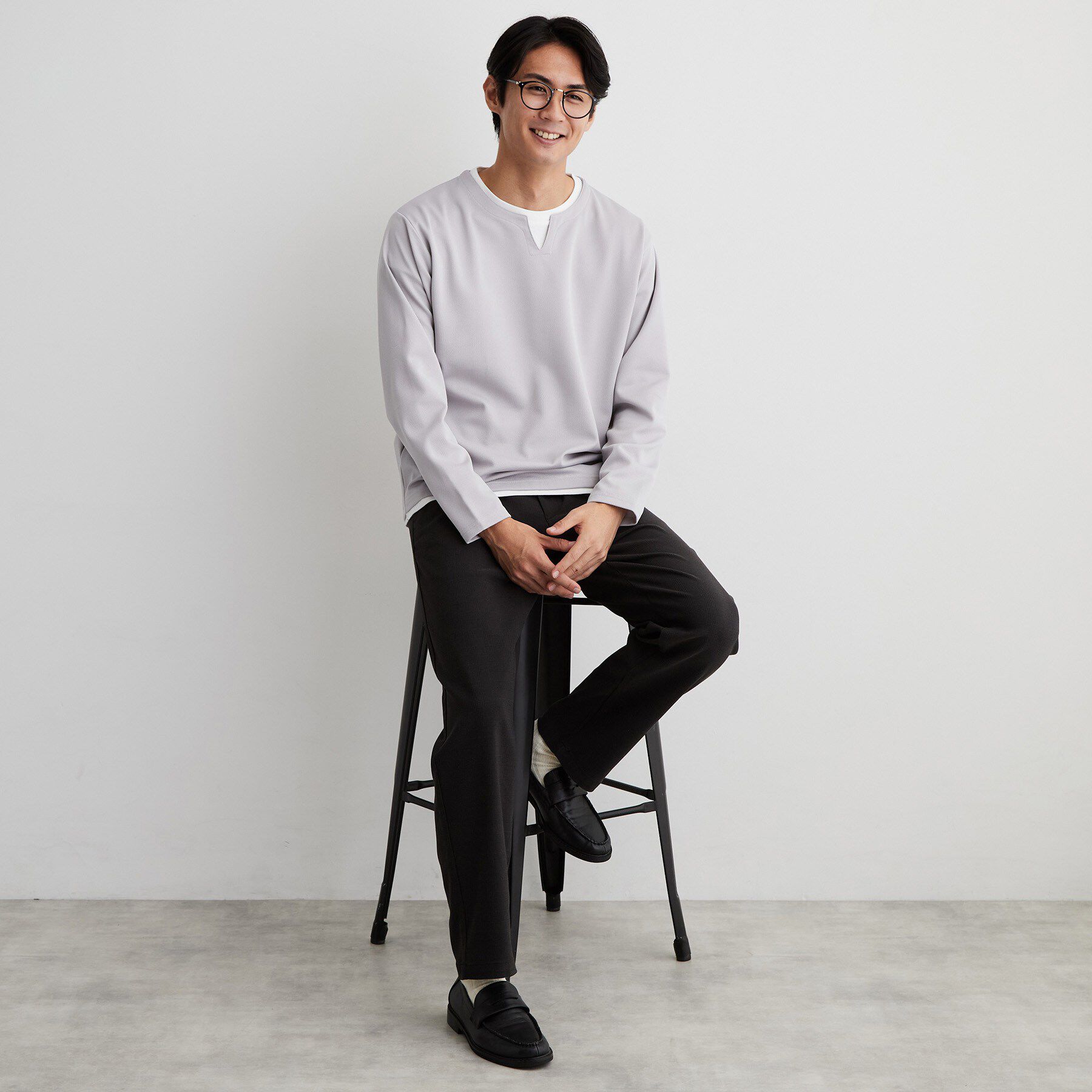 THE SHOP TK「【洗濯機OK】カノコキーネック レイヤード長袖Tシャツ」|Tシャツ・カットソー|