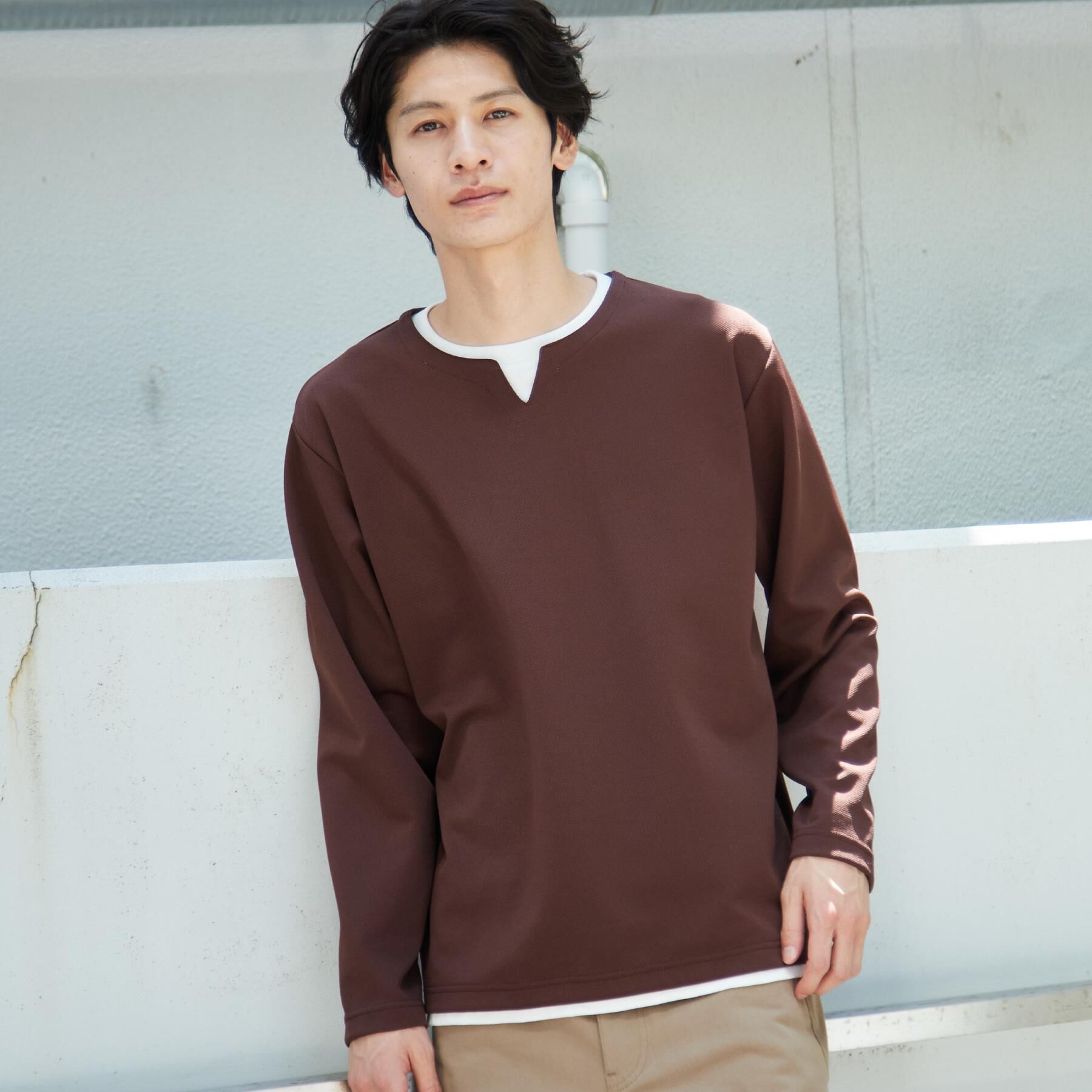 THE SHOP TK「【洗濯機OK】カノコキーネック レイヤード長袖Tシャツ」|Tシャツ・カットソー|ブラウン(043)
