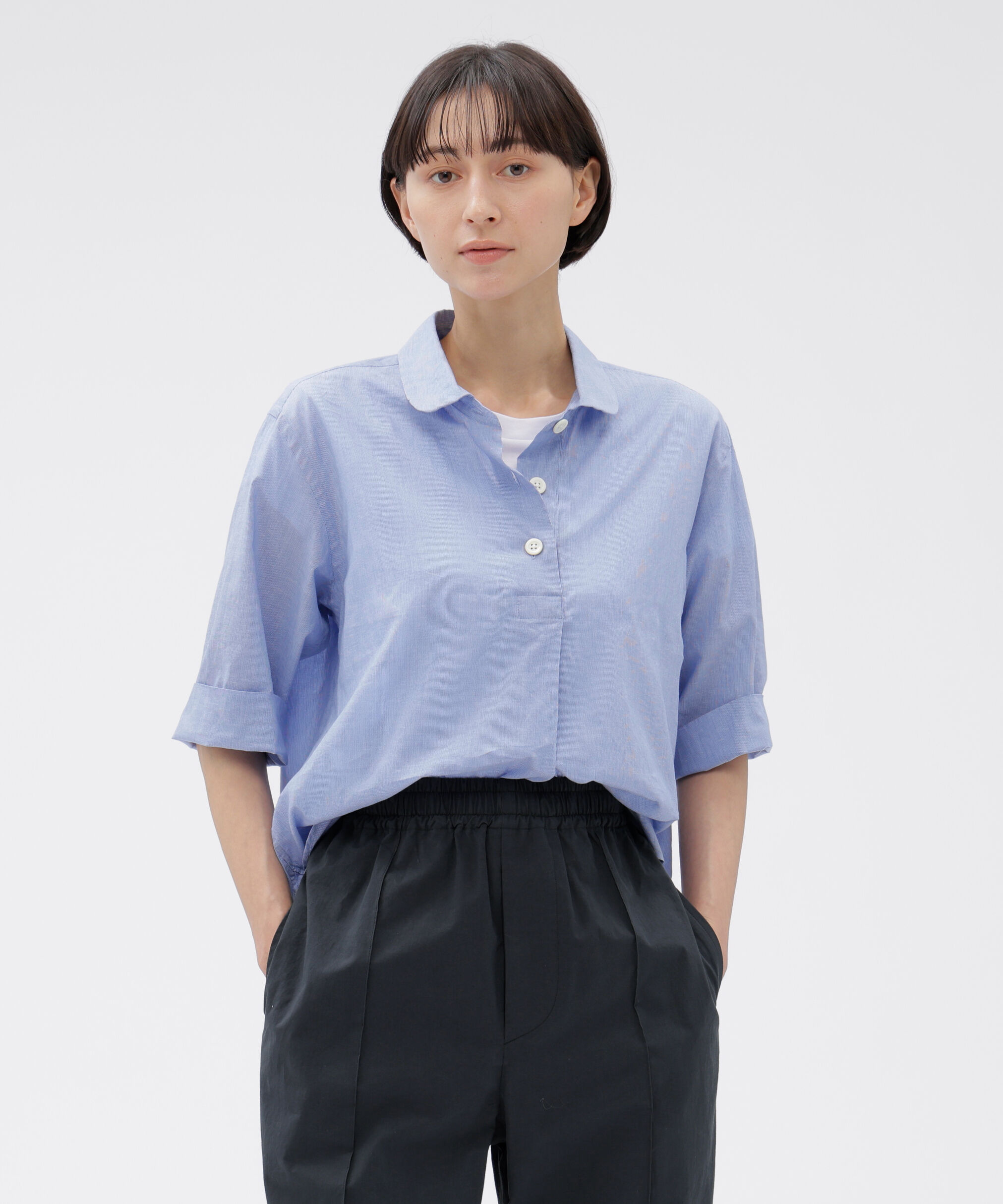  「HAIRLINE STRIPE COTTON LINEN SHIRT」|シャツ・ブラウス|BLUE