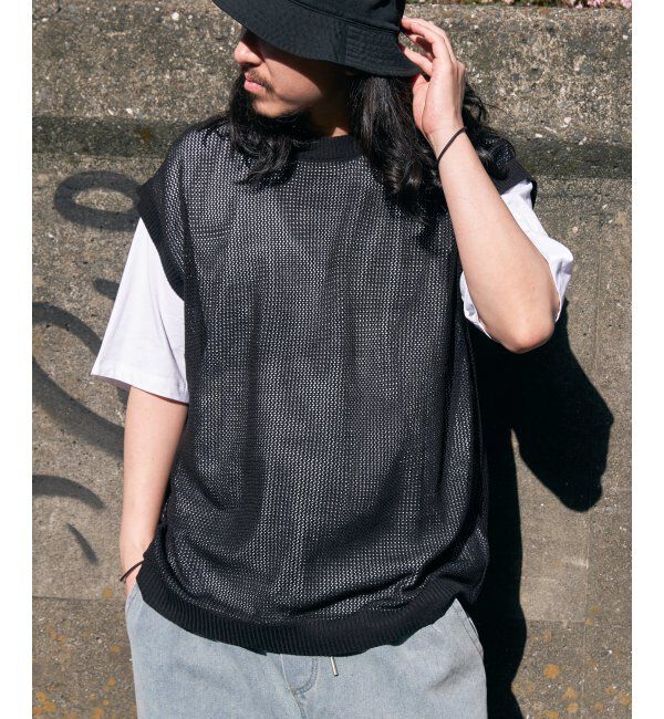 VENCE share style「【2点セット】メッシュニットベストアンサンブルTシャツ」|Tシャツ・カットソー|ブラック