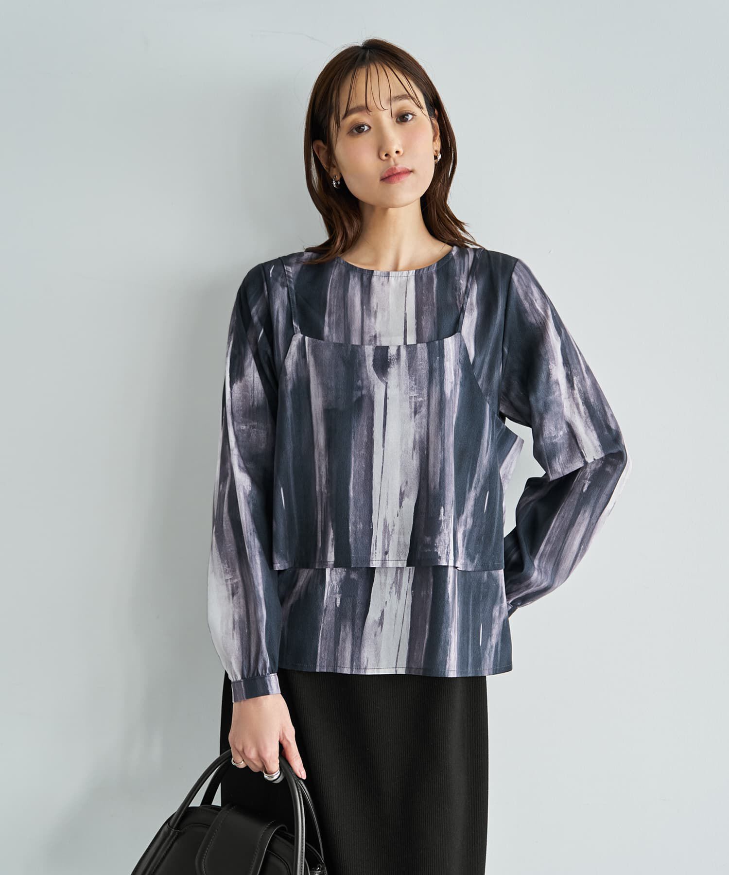 STYLE DELI「重ね着キャミセット水彩ストライプ柄ブラウス」|シャツ・ブラウス|ブラックミックス