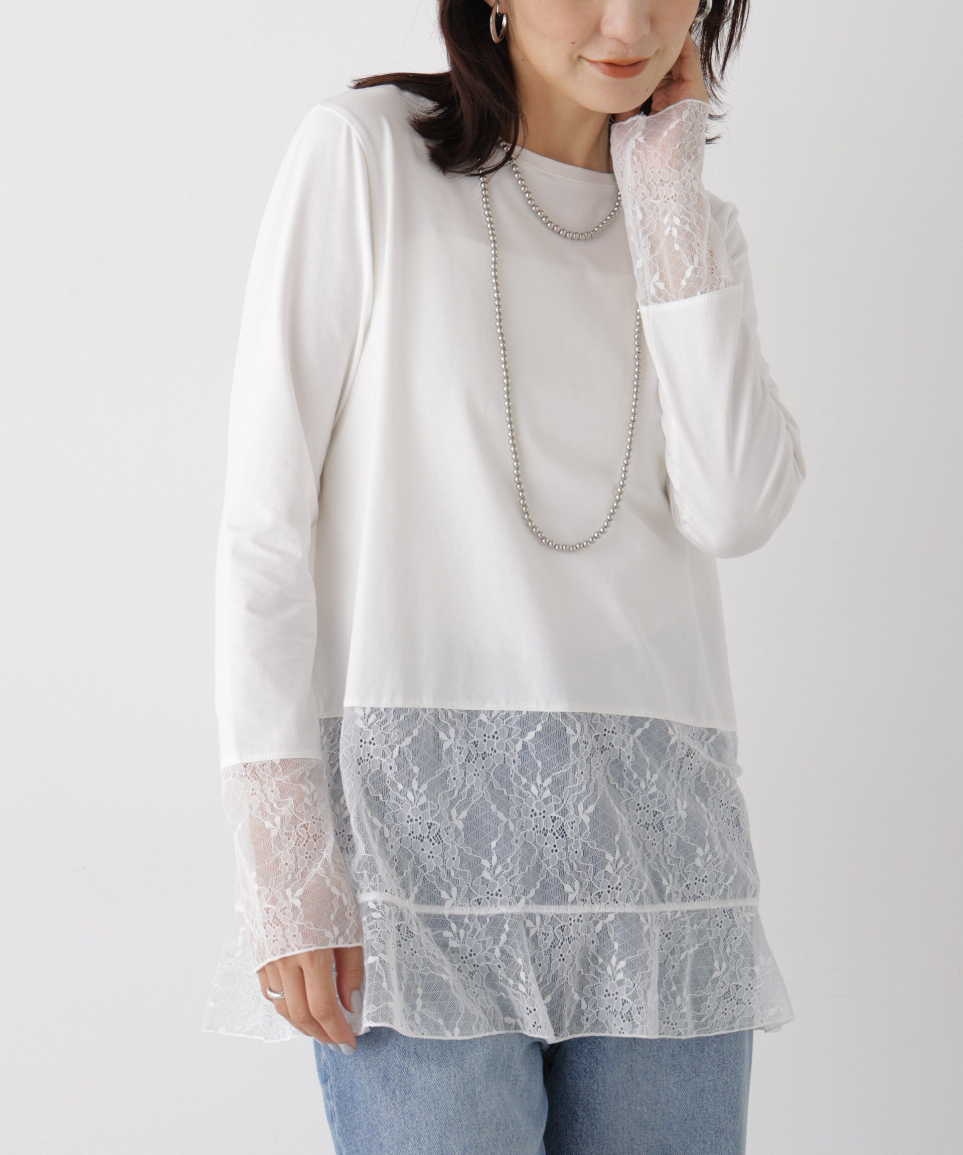 NANO universe「レースフレアヘムカットトップス」|Tシャツ・カットソー|