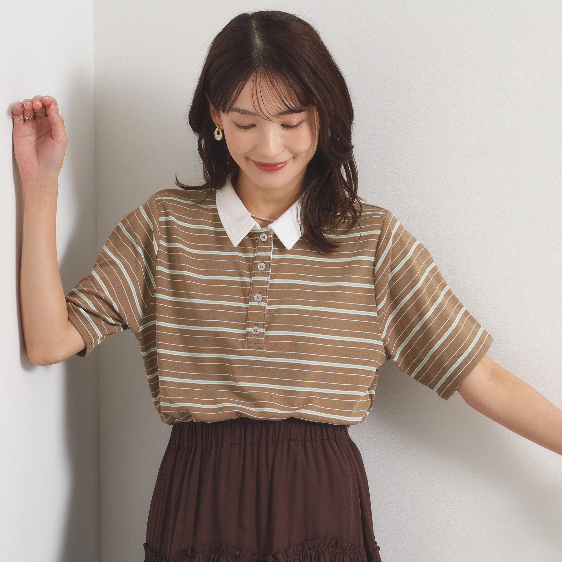 ITS&rsquo;DEMO「ポロ襟ボーダートップス」|Tシャツ・カットソー|ベージュ(352)
