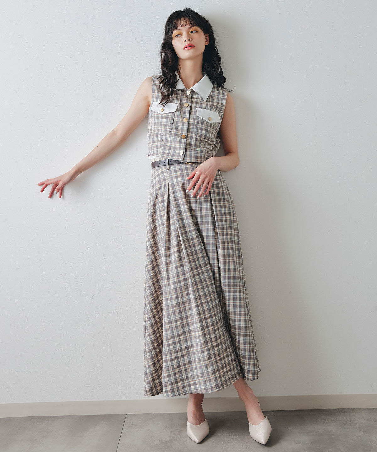 REDYAZEL「チェックノースリーブシャツ&times;フレアロングスカートセットアップ」|ワンピース|beige/ﾁｪｯｸ
