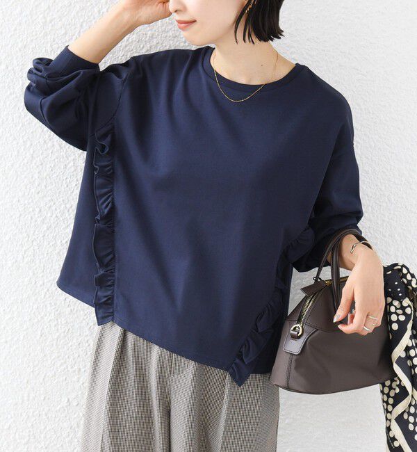 SHIPS for women「【WEB限定】〈洗濯機可能〉オーガニックコットン フリル ロングスリーブ TEE」|Tシャツ・カットソー|ネイビー