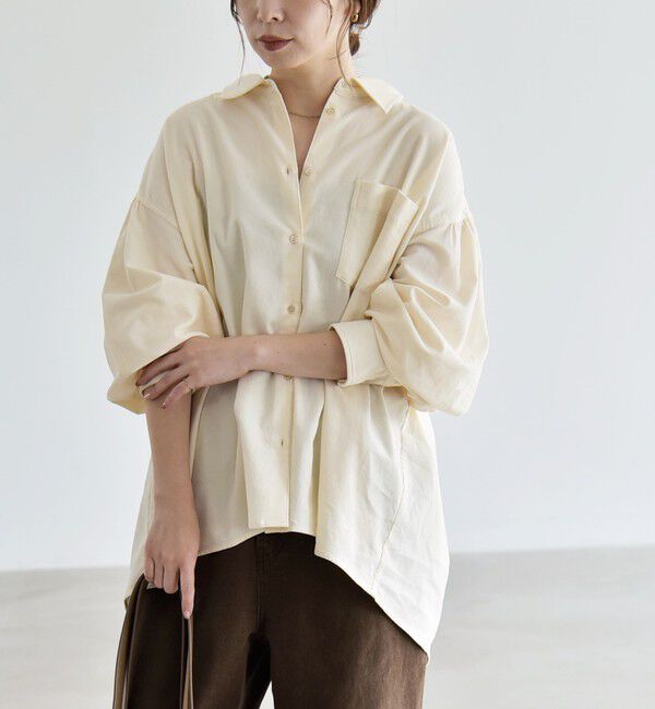 quaranciel「《予約》〈洗濯機可能〉シャツコール ギャザー レギュラーカラー ルーズ シャツ」|シャツ・ブラウス|