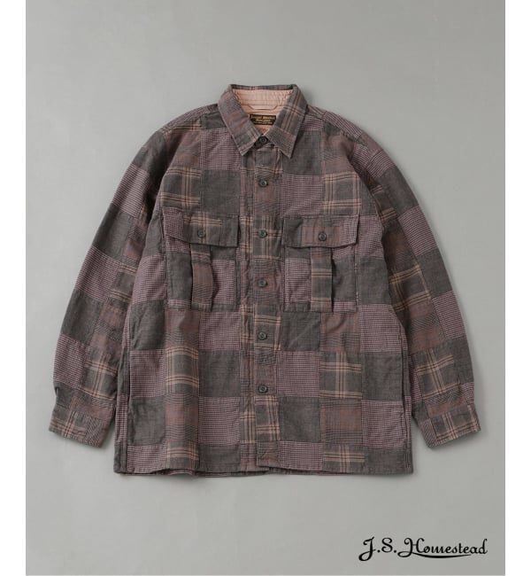 J.S.Homestead「《予約》J.S.Homestead / ブリティッシュ チェック パッチワーク ミリタリー シャツ」|シャツ・ブラウス|ブラウン B