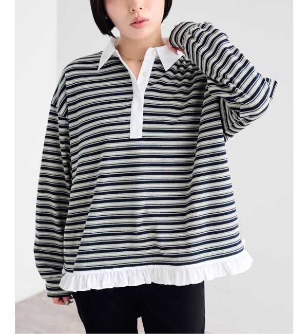 U by SPICK&SPAN「《追加予約》マルチボーダーフリルドッキングプルオーバー」|Tシャツ・カットソー|グレーA