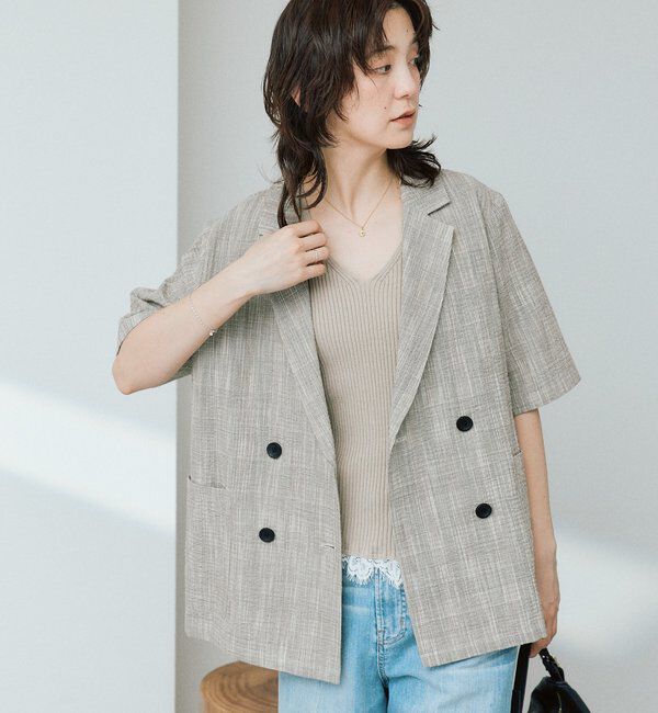  「【軽量】バンピーチェックハーフスリーブジャケット」|テーラードジャケット|