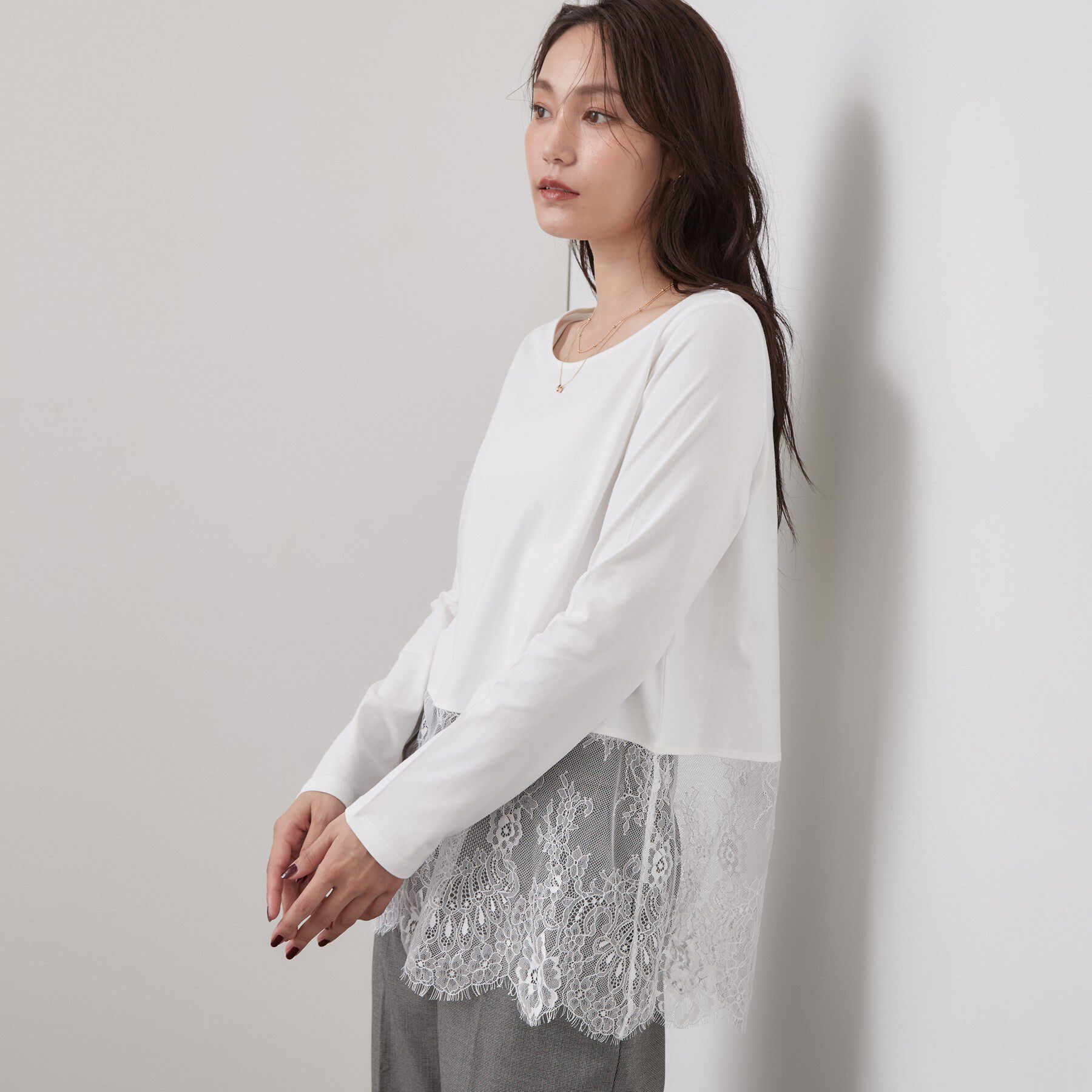 OPAQUE.CLIP「裾レースドッキングカットソー【洗濯機OK】」|Tシャツ・カットソー|