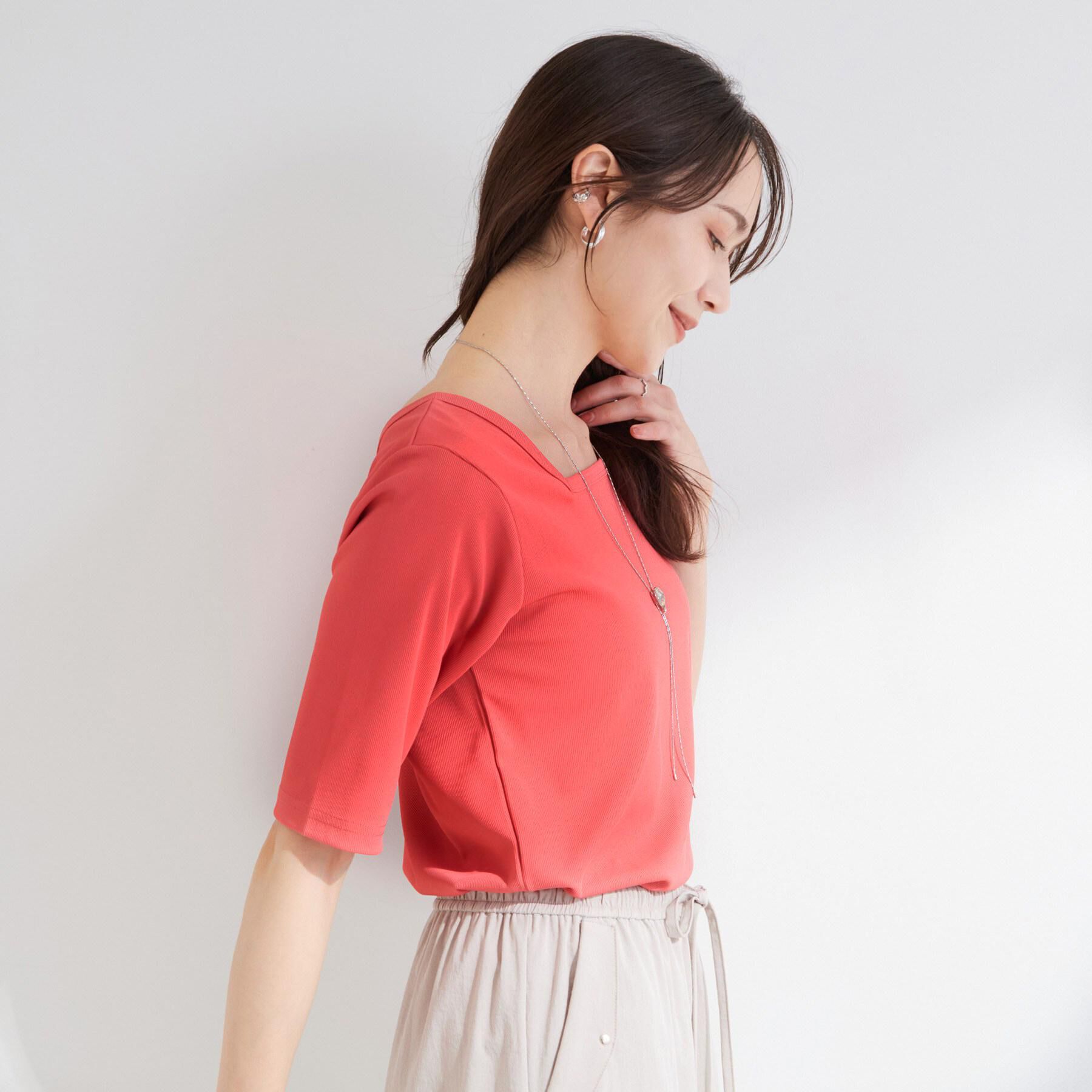 SHOO･LA･RUE「【前後2WAY/S-LL/洗濯機可】着回しやすい 5分袖テレコトップス」|Tシャツ・カットソー|