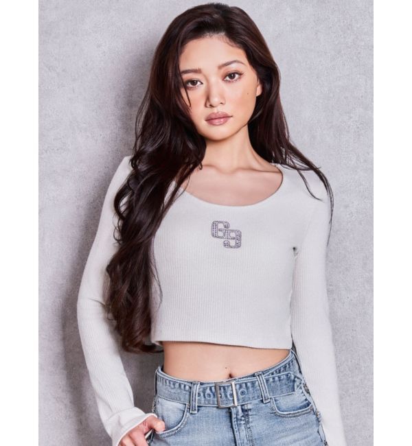 GYDA「GGロゴラインストーンラメテレコ long sleeveトップス」|Tシャツ・カットソー|