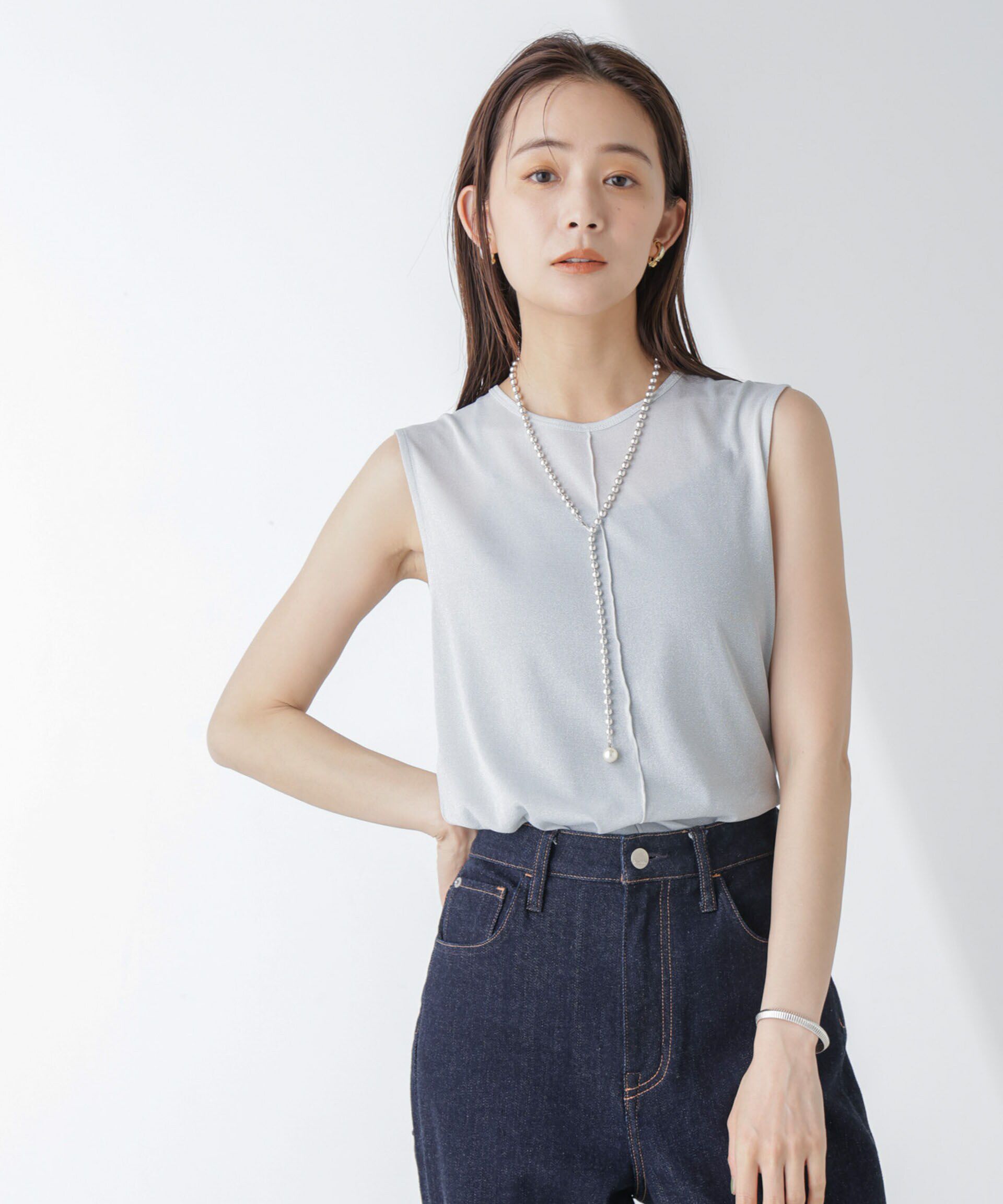 NANO universe「ラメシアーノースリーブカットトップス」|Tシャツ・カットソー|L.グレー1