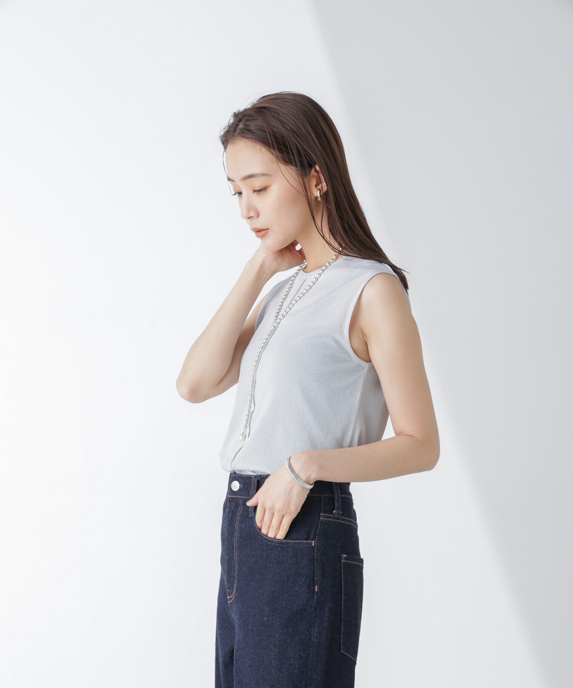 NANO universe「ラメシアーノースリーブカットトップス」|Tシャツ・カットソー|