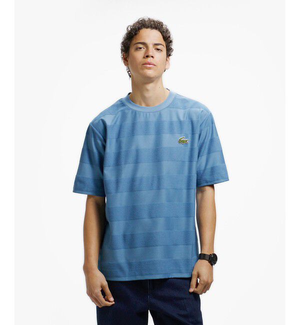 LACOSTE「オーバーサイズ パイル地切り替え同色ボーダーTシャツ」|Tシャツ・カットソー|グレイッシュブルー