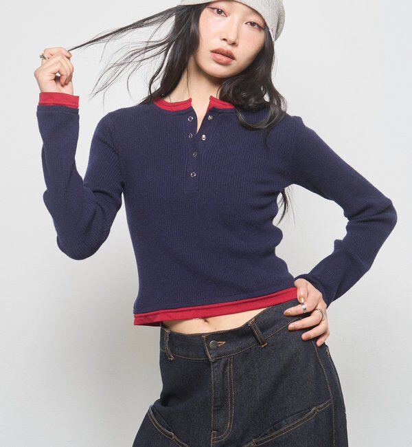  「【WEB限定】レイヤードヘンリーニット」|ニット・セーター|ネイビー