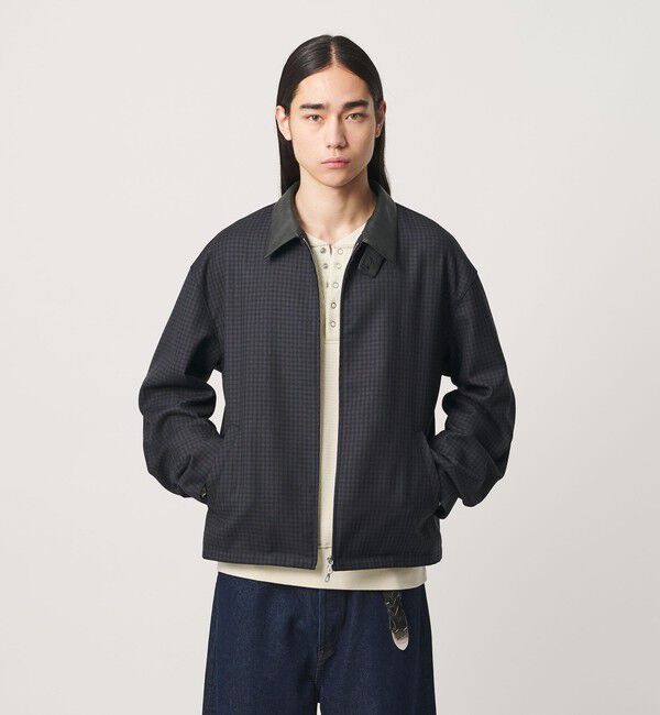 MONKEY TIME「ウールミックス ツイル チェック レザーライク カラー ジャケット」|その他|NAVY