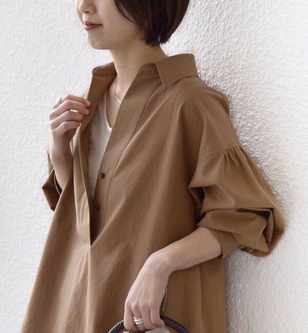 SHIPS for women「〈手洗い可能〉無地 / ストライプ サイド スリット スキッパー コットン シャツ 2」|シャツ・ブラウス|ブラウン
