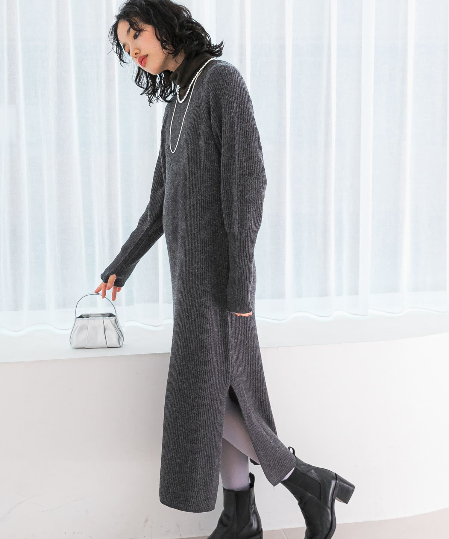 URBAN RESEARCH ROSSO「ヤク混サイドスリット畦ニットワンピース」|ワンピース|チャコールグレー