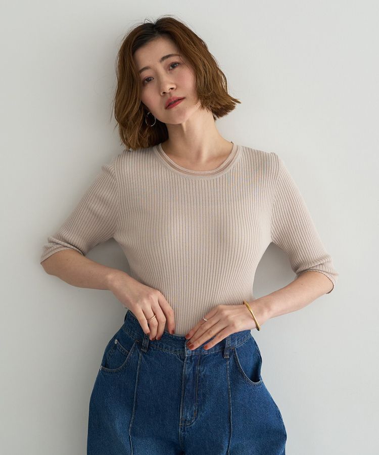 YECCA VECCA「シアーMIX5分袖ニット」|ニット・セーター|Gray Beige