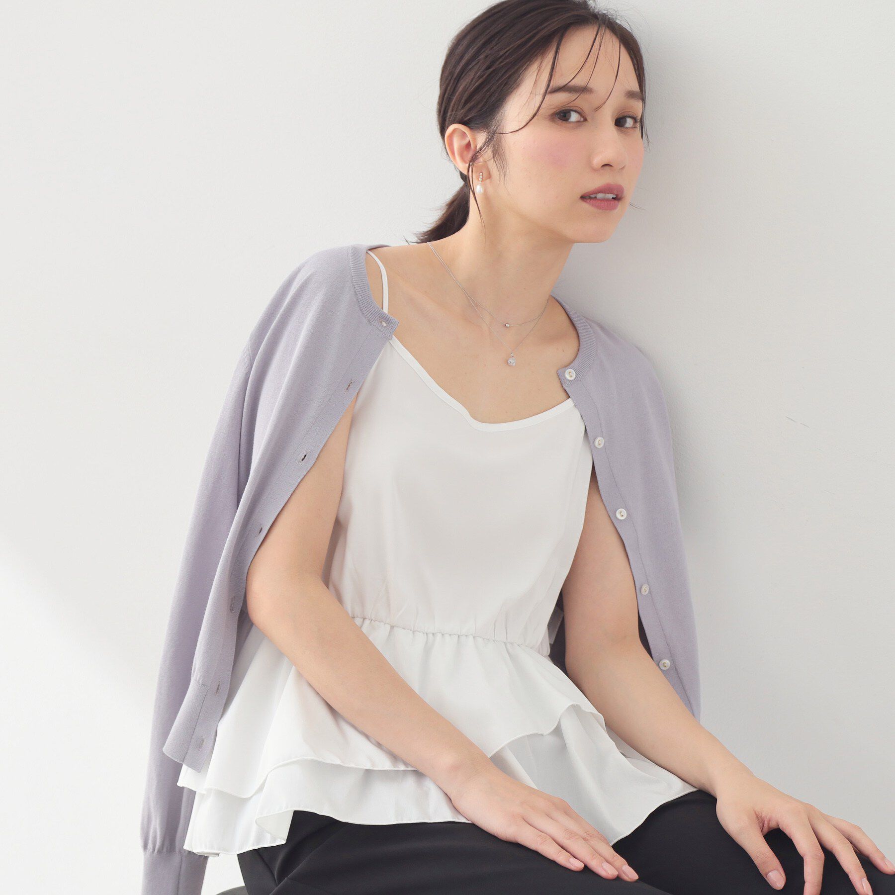 index「【抗ピリング】柄編みニットカーディガン&times;ペプラムキャミセット《洗濯機OK》」|カーディガン|