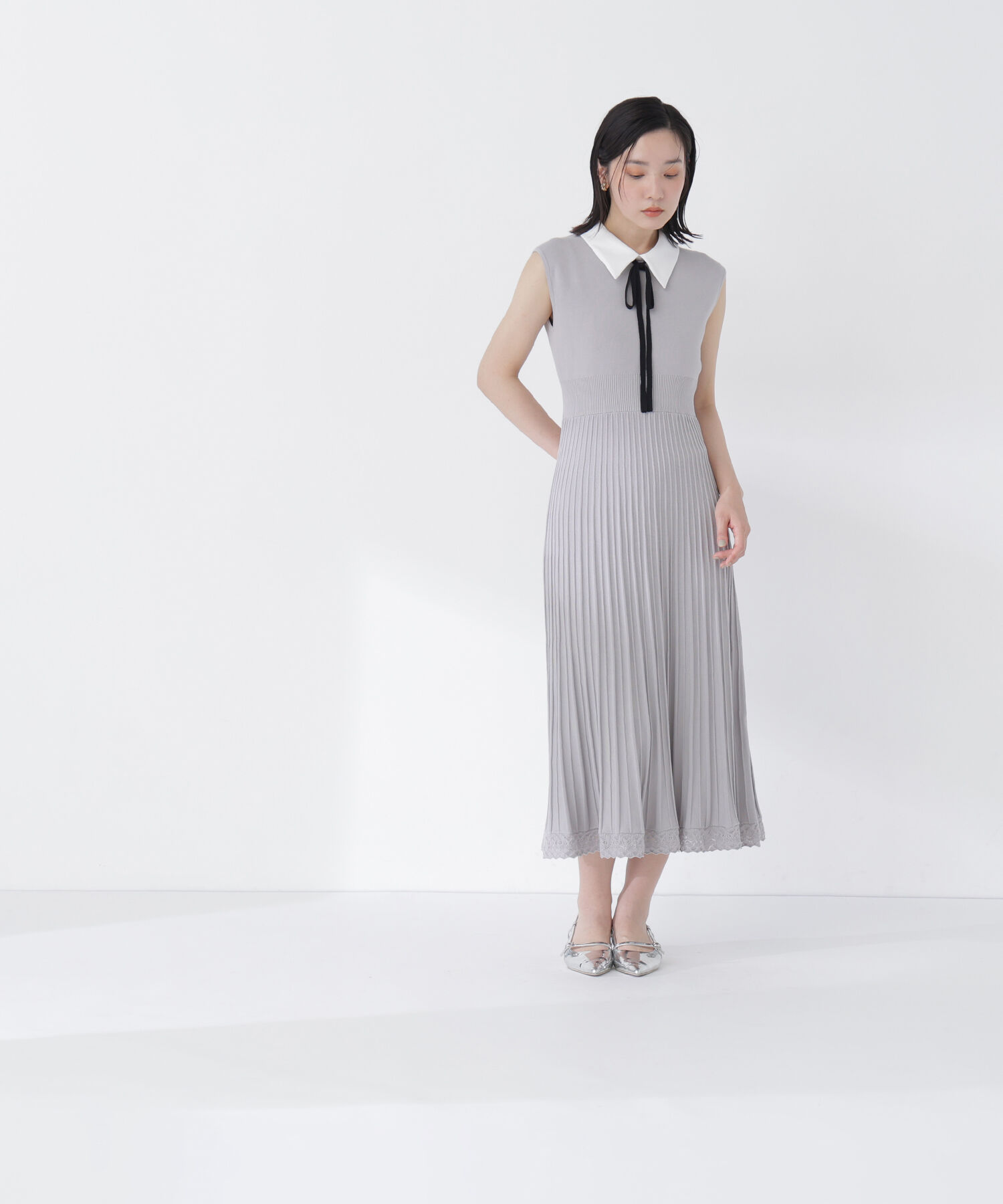  「シャツカラーナローリボンニットワンピース」|ワンピース|