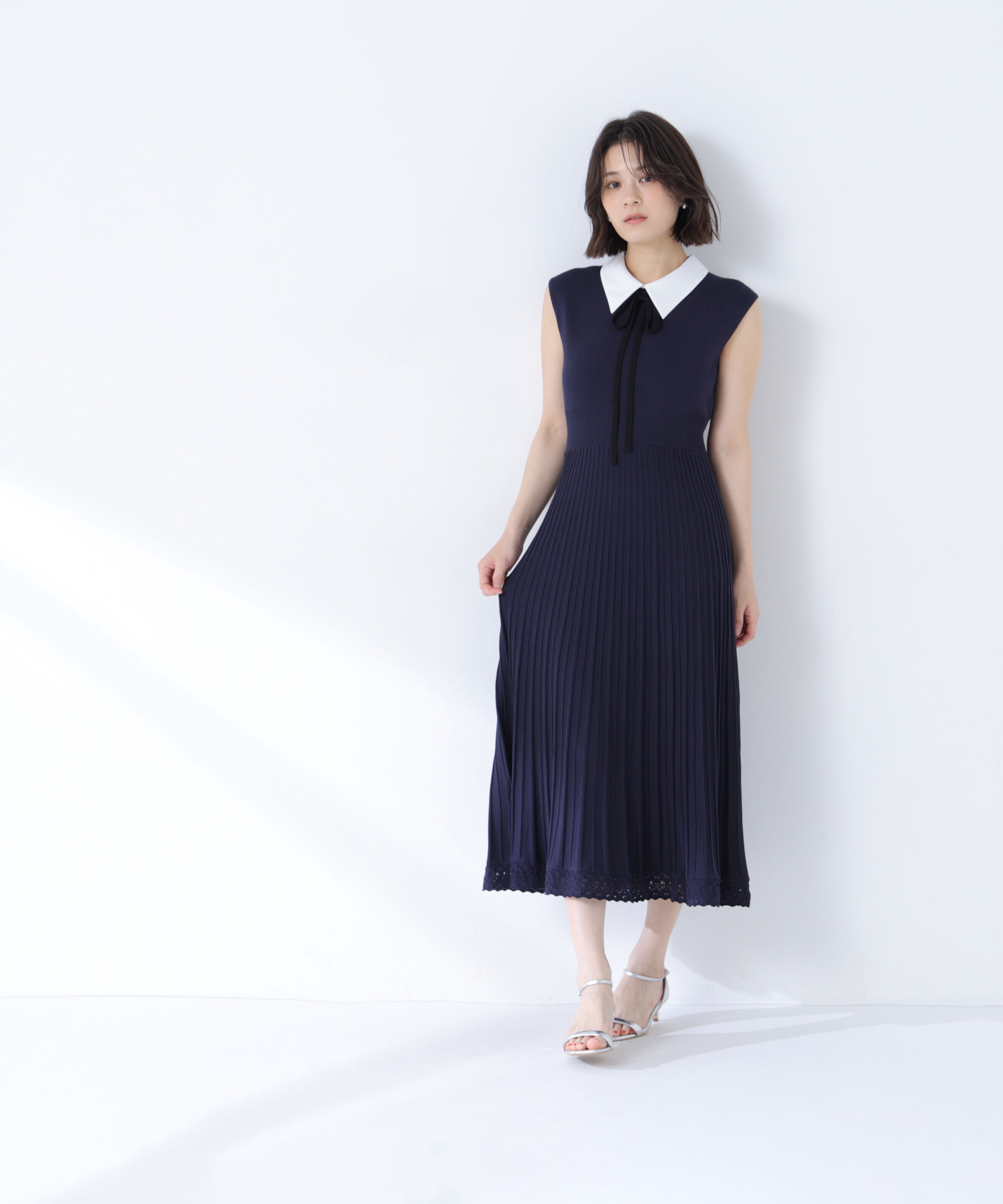  「シャツカラーナローリボンニットワンピース」|ワンピース|