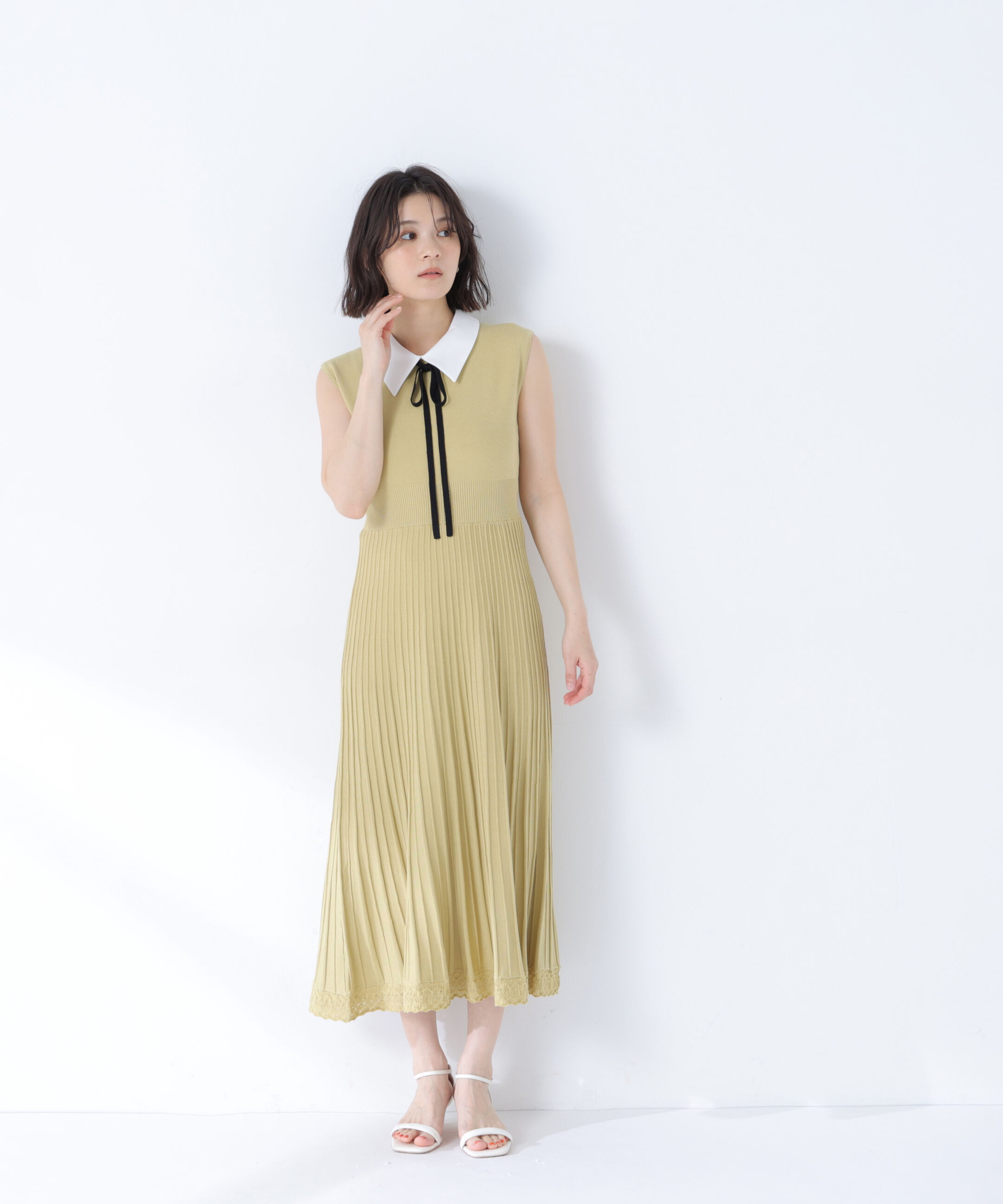  「シャツカラーナローリボンニットワンピース」|ワンピース|