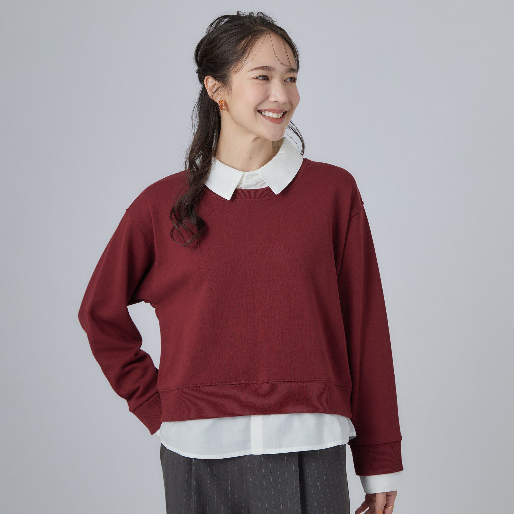 SHOO･LA･RUE「【S-LL/洗濯機可】一枚でレイヤード感が完成する シャツドッキング裏毛トップス」|Tシャツ・カットソー|
