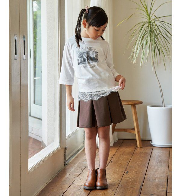 ikka kids「【親子コーデ】ロゴフォト裾レース七分袖Tシャツ（120~160cm）」|Tシャツ・カットソー|