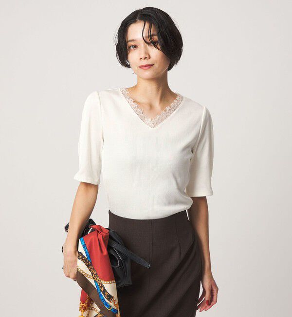 UNITED ARROWS green label relaxing「ブライトリブ レース 5分袖 プルオーバー カットソー」|Tシャツ・カットソー|OFF WHITE
