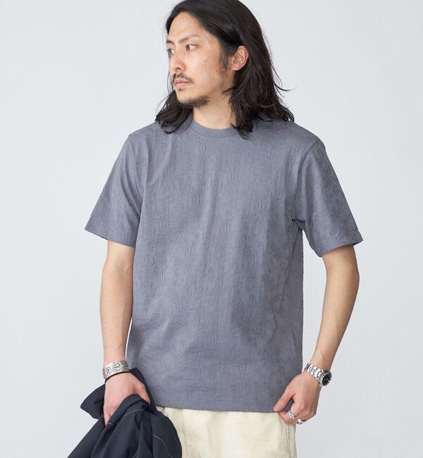 SHIPS「SHIPS: リンクス ジャカード リーフ柄 Tシャツ」|Tシャツ・カットソー|チャコールグレー