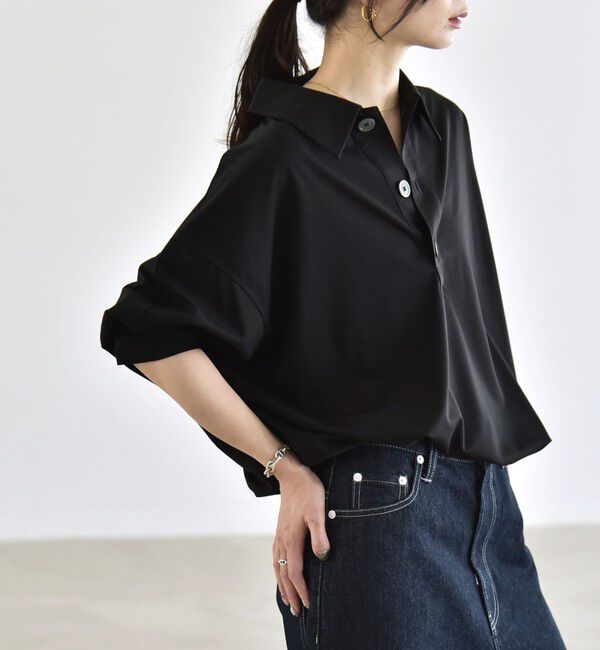 quaranciel「:〈接触冷感/洗濯機可能〉シルク ミックス ポンチ ドロスト ポロ プルオーバー」|Tシャツ・カットソー|ブラック