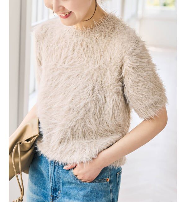 Spick and Span「《新色 / 追加》フェザーヤーンハーフスリーブニット」|ニット・セーター|ベージュ