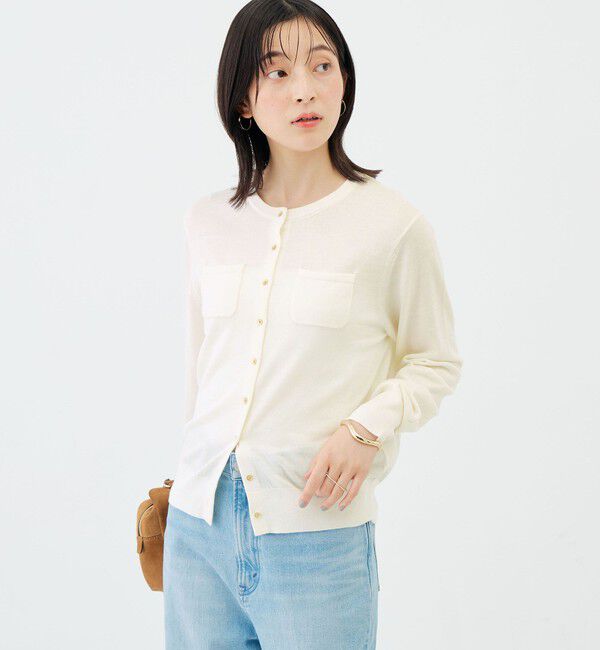 NOLLEY'S「《アンサンブル対応》《手洗い可能》天竺胸ポケットクルーネックカーディガン」|カーディガン|オフホワイト