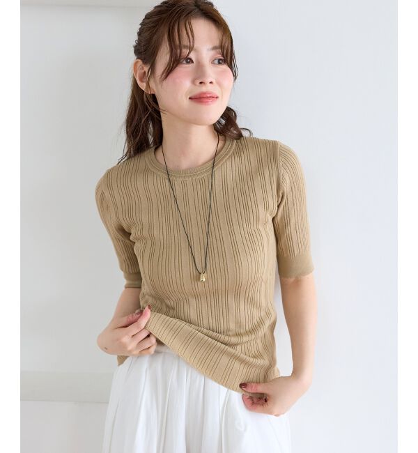  「《WEB限定アイテム》ランダムリブハーフスリーブトップス」|Tシャツ・カットソー|