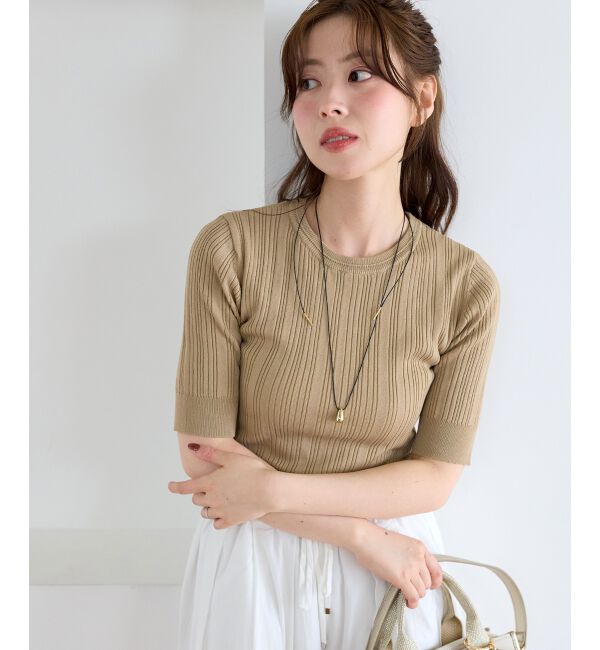  「《WEB限定アイテム》ランダムリブハーフスリーブトップス」|Tシャツ・カットソー|