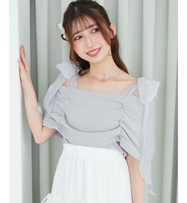  「肩リボンオフショルカットトップス」|Tシャツ・カットソー|L／グレー