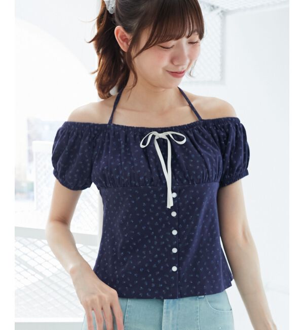  「リボン付きホルターネックカットソー」|Tシャツ・カットソー|ネイビー