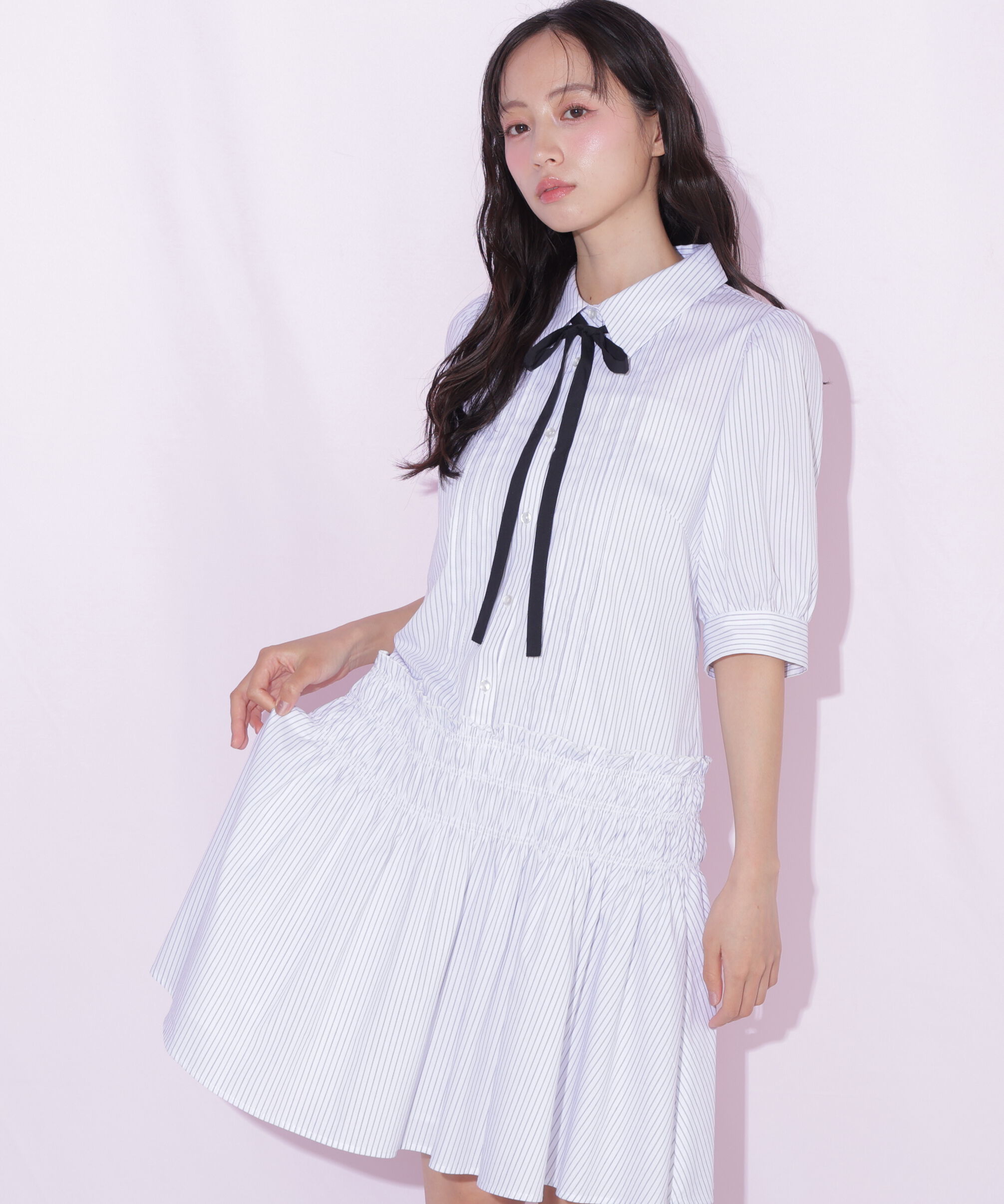  「シャーリングミニシャツワンピース」|ワンピース|