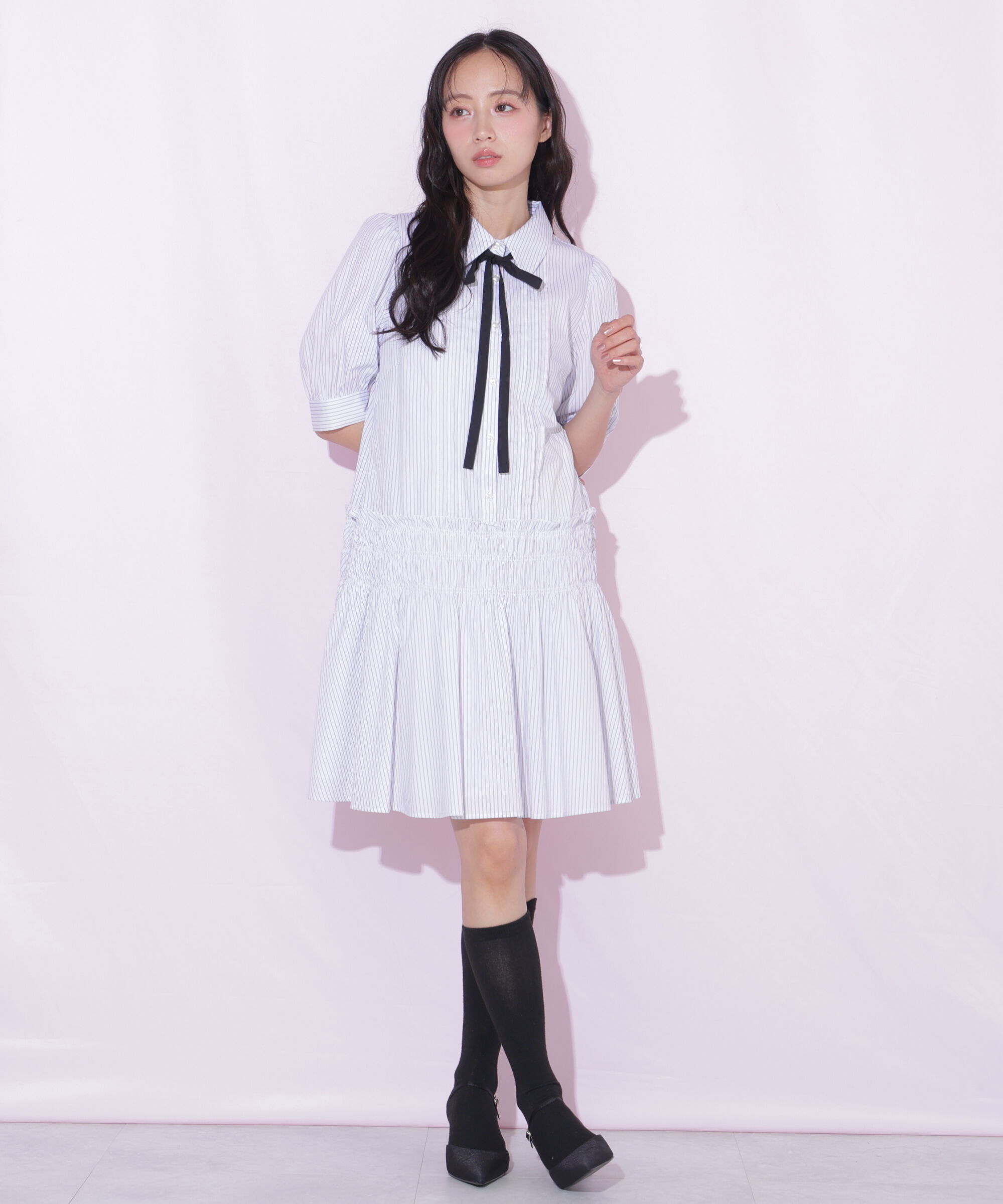  「シャーリングミニシャツワンピース」|ワンピース|