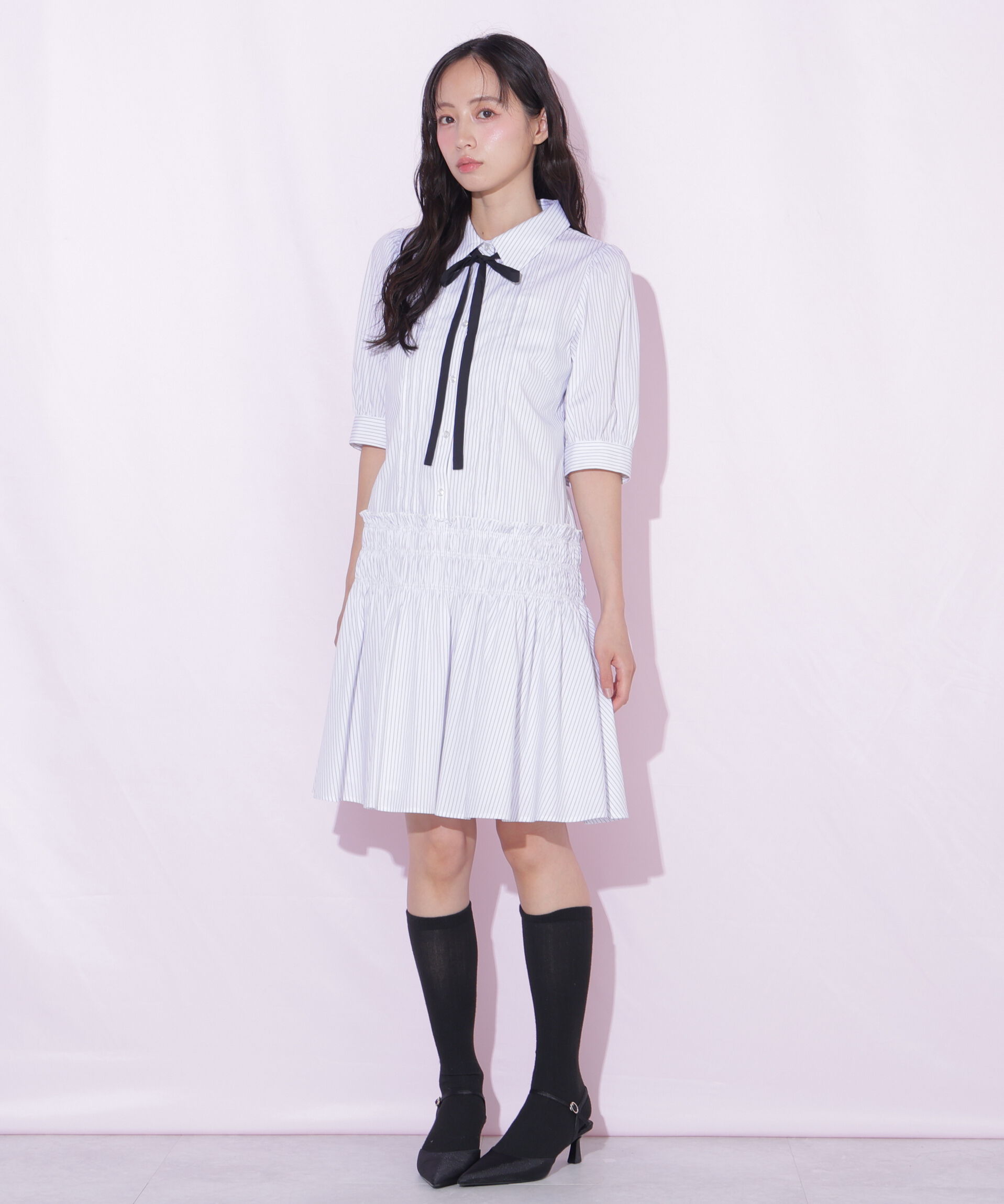 「シャーリングミニシャツワンピース」|ワンピース|